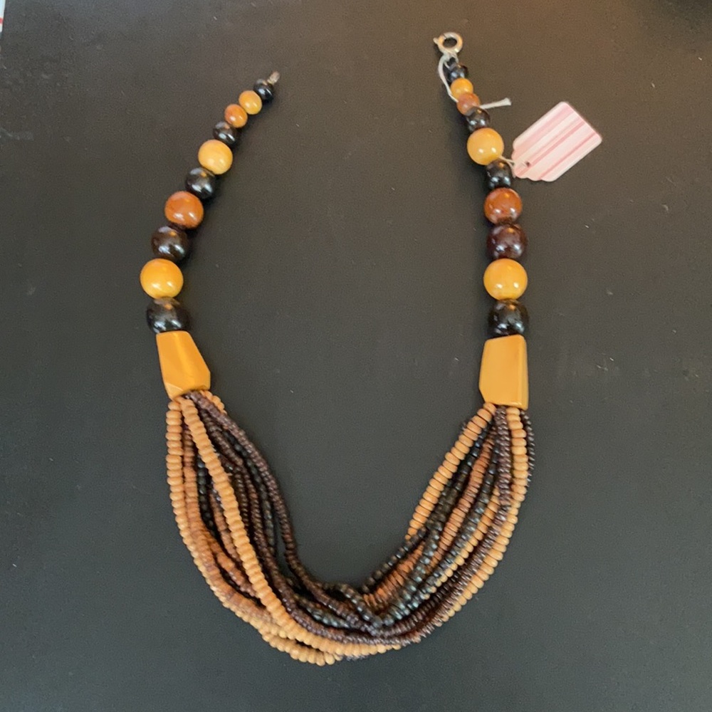 Brown tan wood beaded multi strand necklace - Picture 9 of 11
